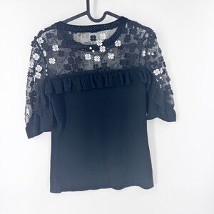 ✅ Elie Tahari NWT SMALL BLACK Flora Ruffled Floral Lace Yoke Top Short Sleeve‎